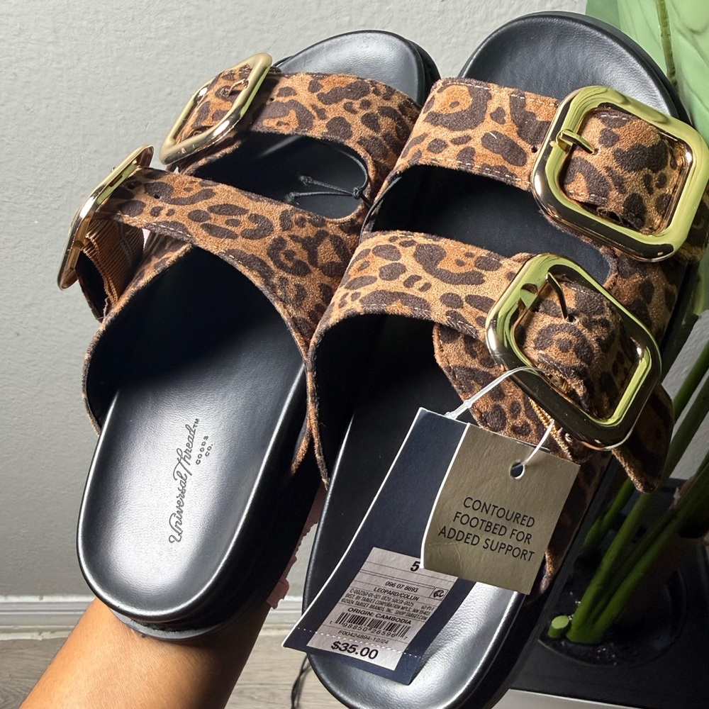 Universal Thread Leopard Print Double Buckle Slide Sandals - Brown/Gold